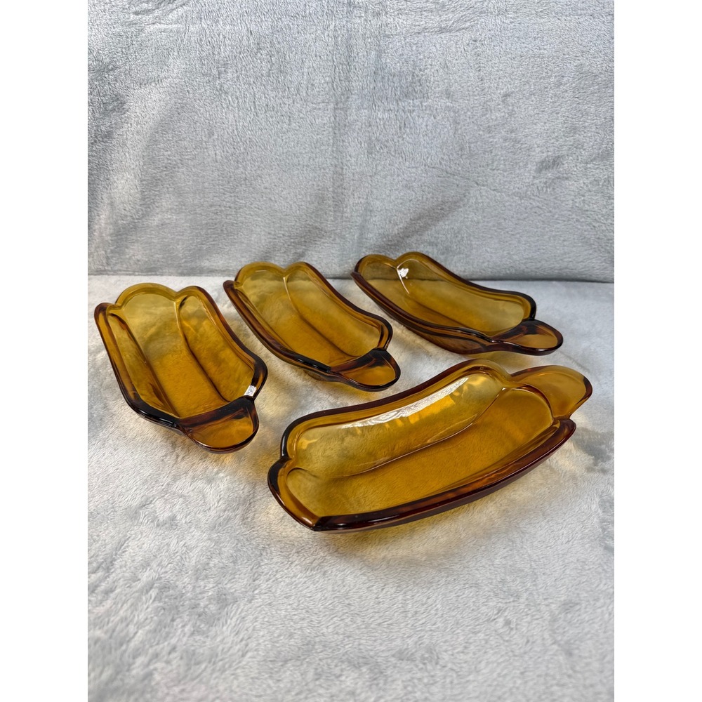 Vintage Amber Indiana Glass Banana Split Boat Bowls Set 4 Retro Sundae Dishes
